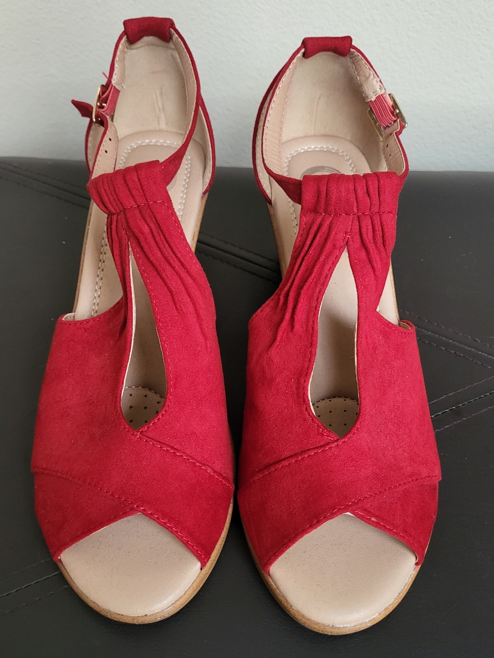 Journee Collection Red Suede Peep-Toe Wedge Sandals